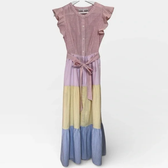 English Factory Sweet Heart Seersucker Colorblock Effie Ruffle Maxi Dress XS - Picture 2 of 10